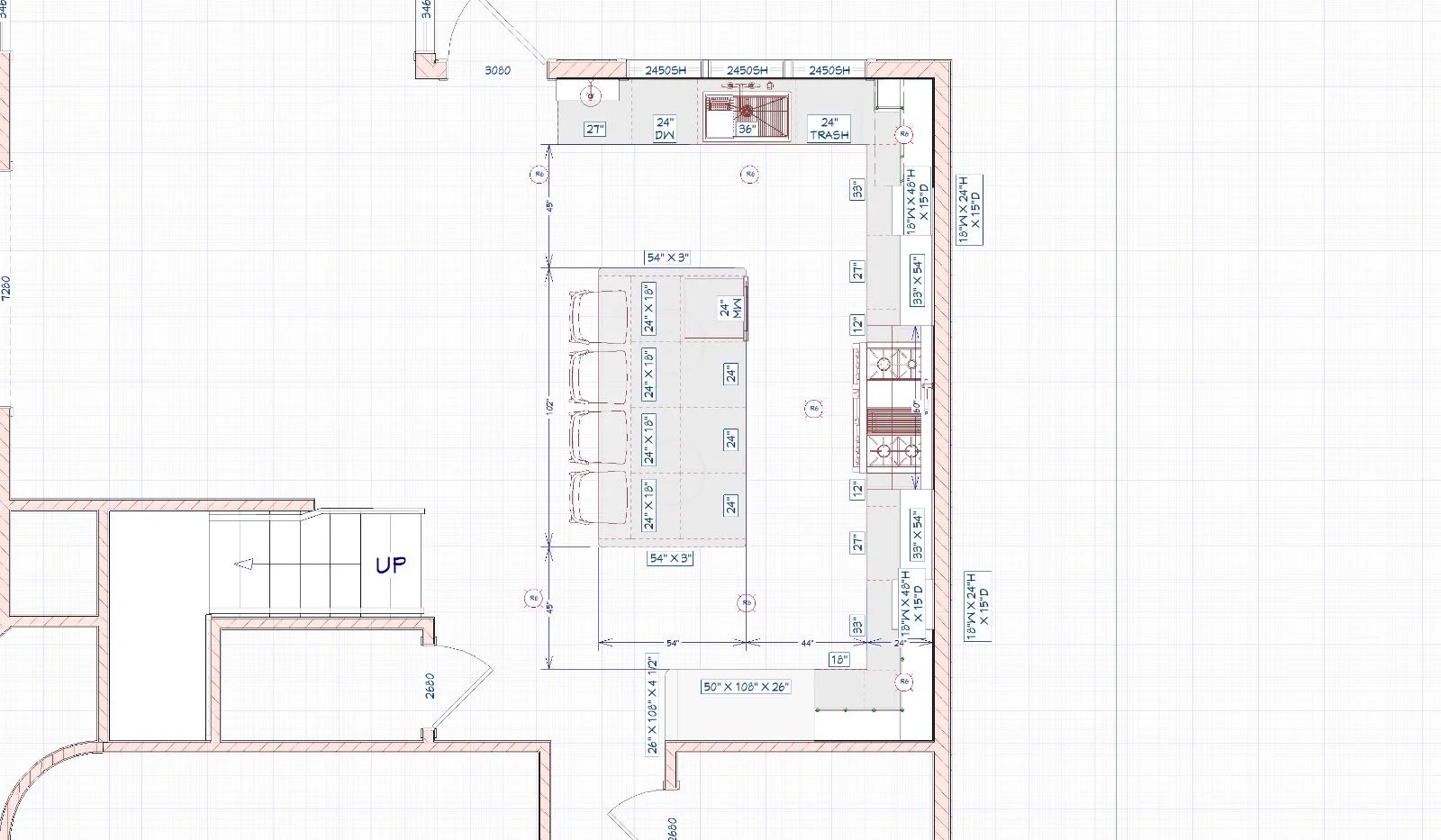 Dimensioned floor plan of the Woodsman Trail kitchen showing the island at 54 by 102 inches and clearances to the perimeter cabinets.
